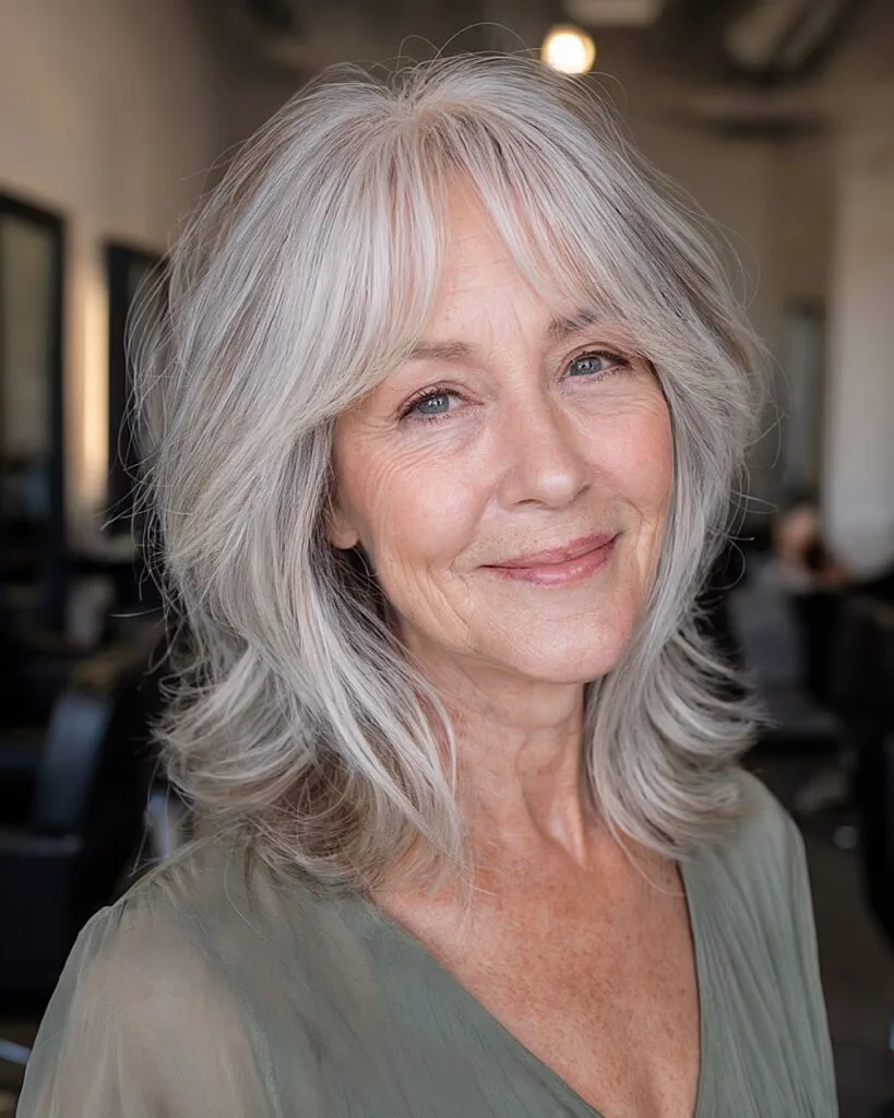 Layered shag with curtain bangs to flatter a large forehead, medium French bob for older women