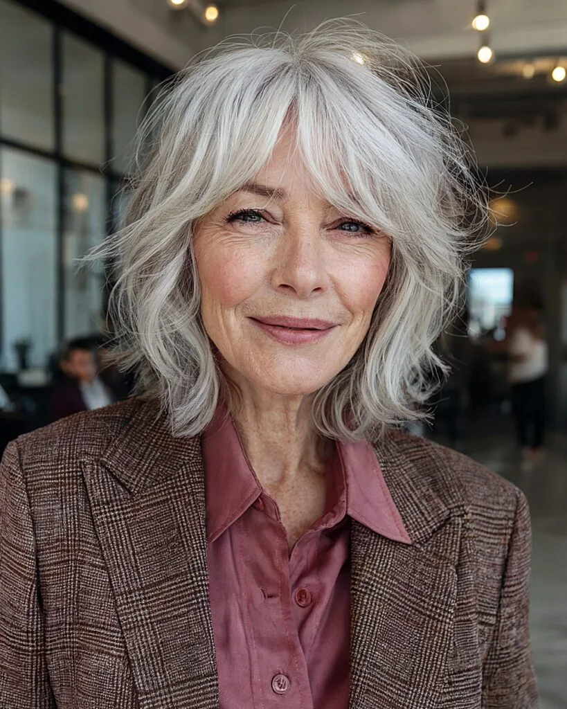 Layered shag with flipped out ends for volume on thin gray hair, French bob for over 40 women
