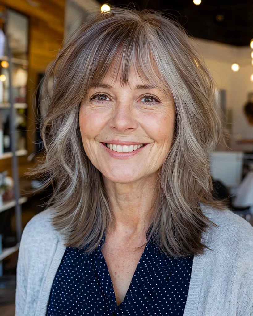 Layered shag with soft fringe for large forehead on ash brown hair, flattering over-40 French bob variation