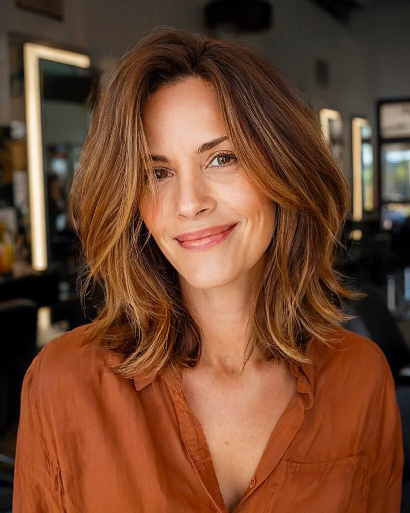 Layered shoulder-length haircut for women over 40 with soft volume and warm caramel highlights