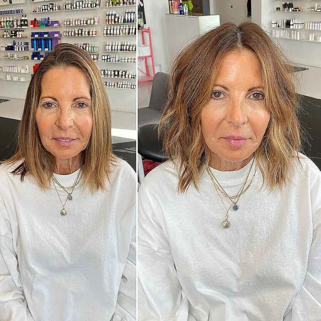 Layered Wavy Bob with a Center Part for women over 60 with fine hair