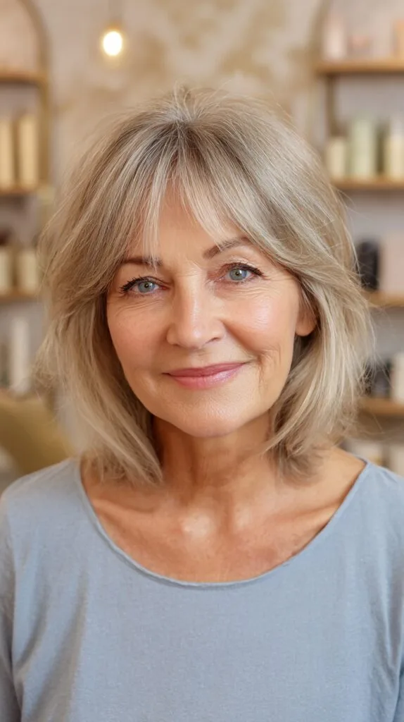 Light Ash Blonde Layered Bob with Face-Framing Highlights
