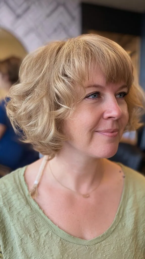 Light Blonde Curled Bob With Soft Bangs