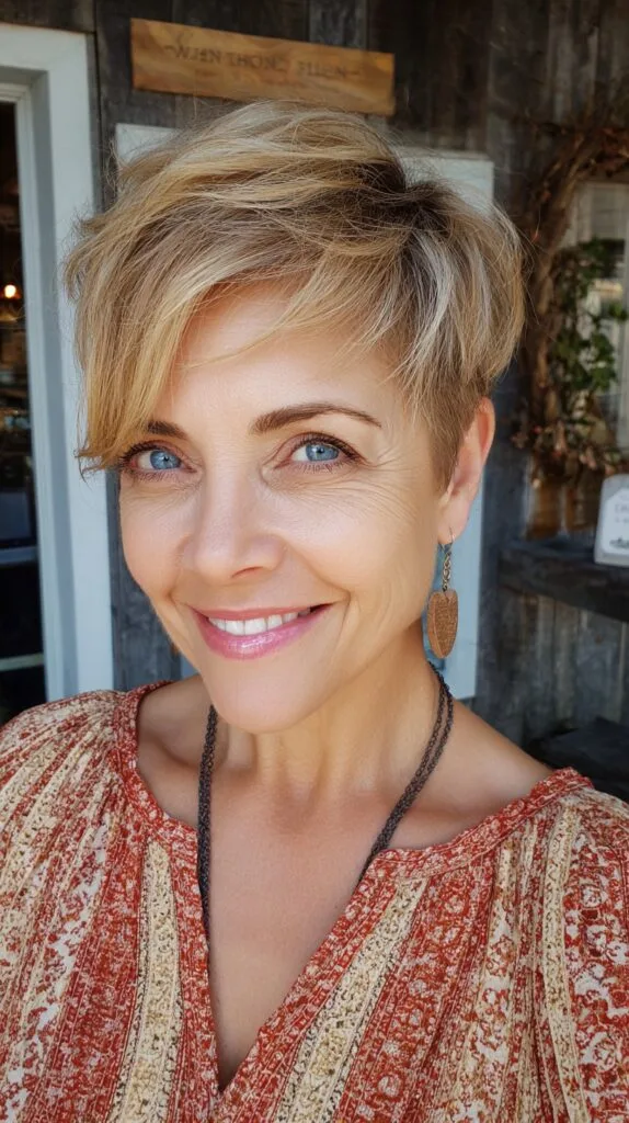 Light Blonde Pixie with Side-Swept Face-Framing Layers