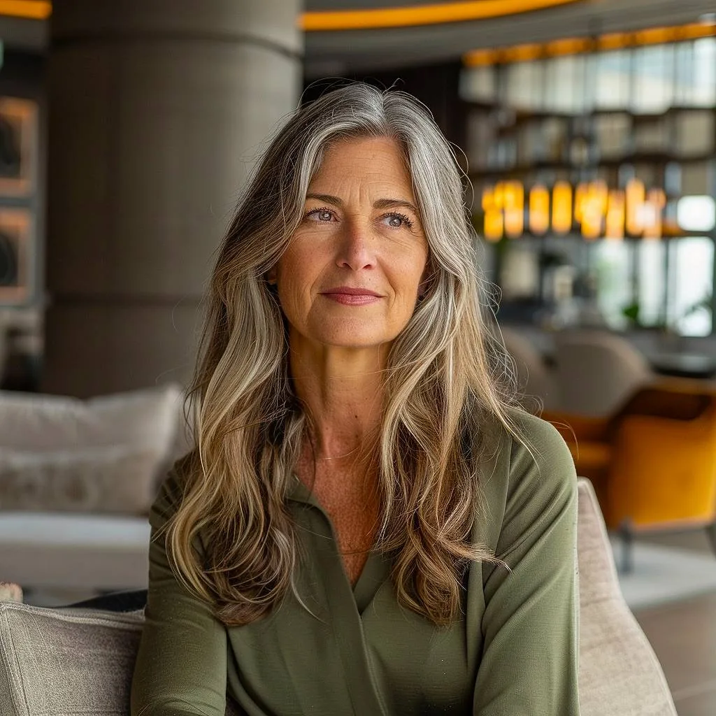 Long gray hair with crown layers for added volume and face-framing softness, perfect for older women embracing natural grays