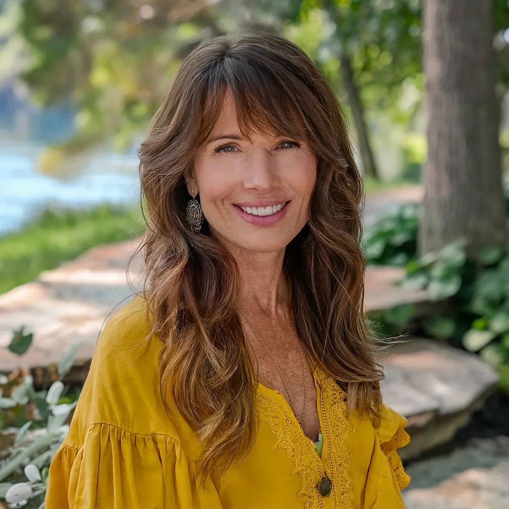 Long layered hair with bangs and a side part for older women, adding softness and framing the face beautifully