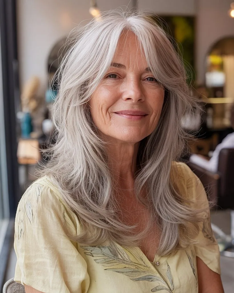 Long layered shag with wispy ends for aging hair, elegant over-40 French bob-inspired cut