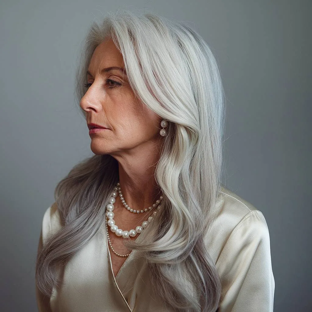 Long silver-gray hair with soft cascading layers, styled in elegant waves for a refined, sophisticated look