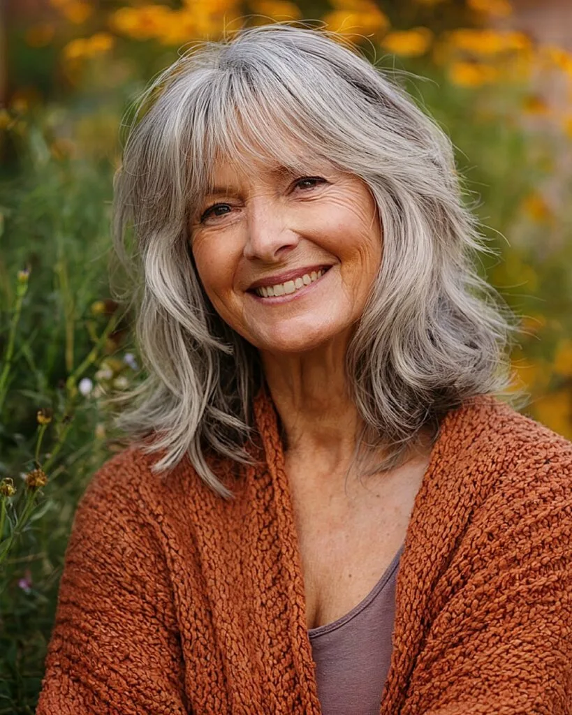 Long silver shag haircut with tousled waves and fringe for women over 70