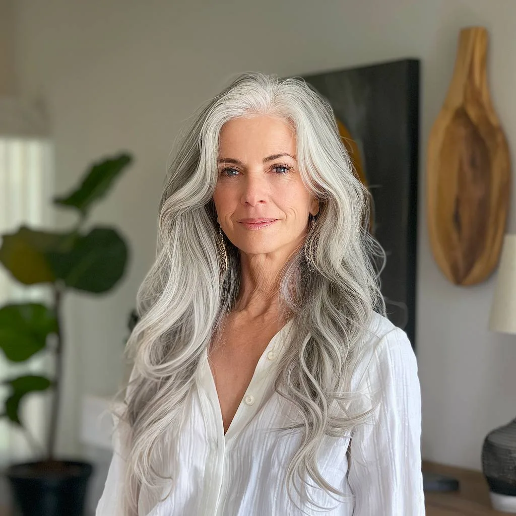 Long, voluminous silver hair with natural waves and a face-framing shape, perfect for older women embracing gray