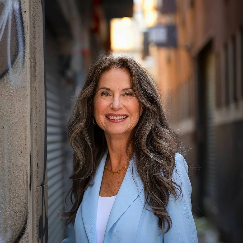 Long, voluminous wavy haircut for older women, featuring soft layers and rich, dimensional color for a bold, youthful look