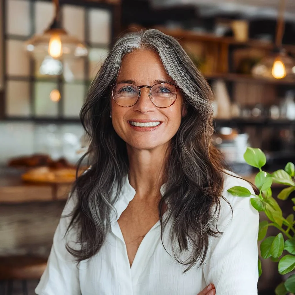 Long wavy gray hair for older women with glasses, featuring soft layering for a balanced, elegant look