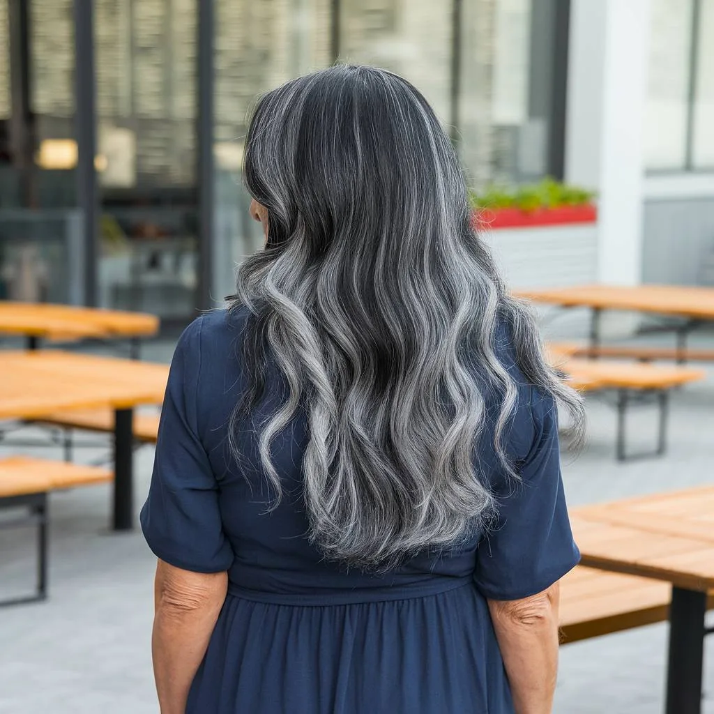 Long wavy hair with gray air highlights, creating a soft, blended transition for a natural and low-maintenance look