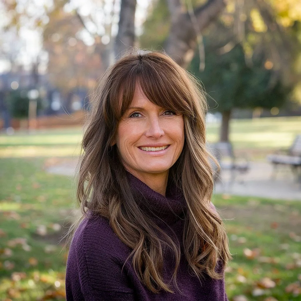 Long wavy hair with side bangs, perfect for older women seeking a soft, face-framing style with natural volume