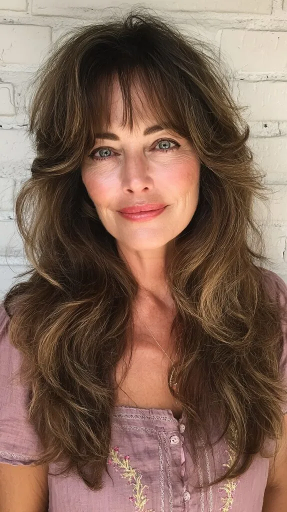 Lush Chestnut Waves with a Soft Side Fringe