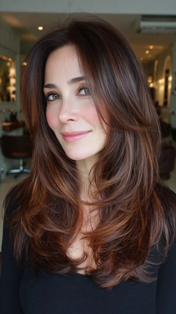 Luxurious Chestnut Layers with Soft Wave Accents