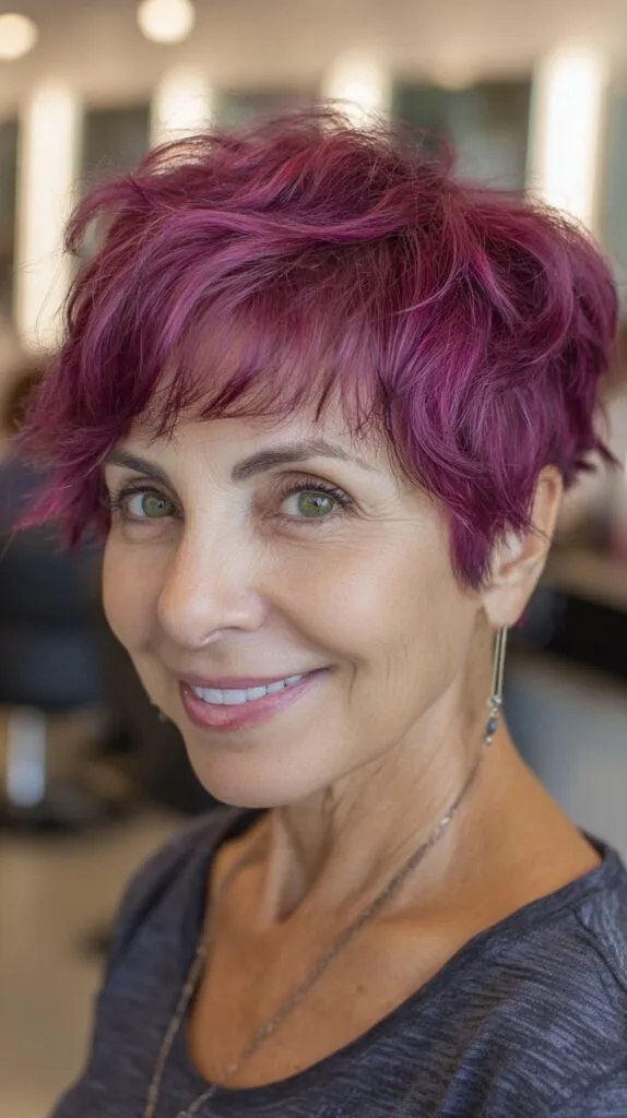Magenta Layered Pixie with Point-Cut Baby Bangs
