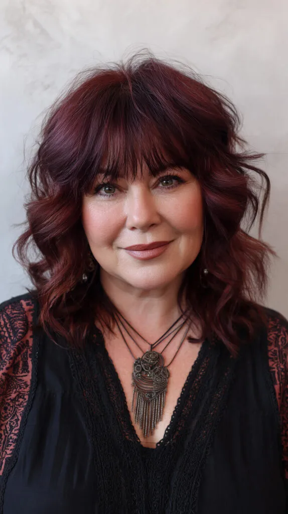 Mahogany Wavy Shoulder-Length Shag with Feathered Bangs