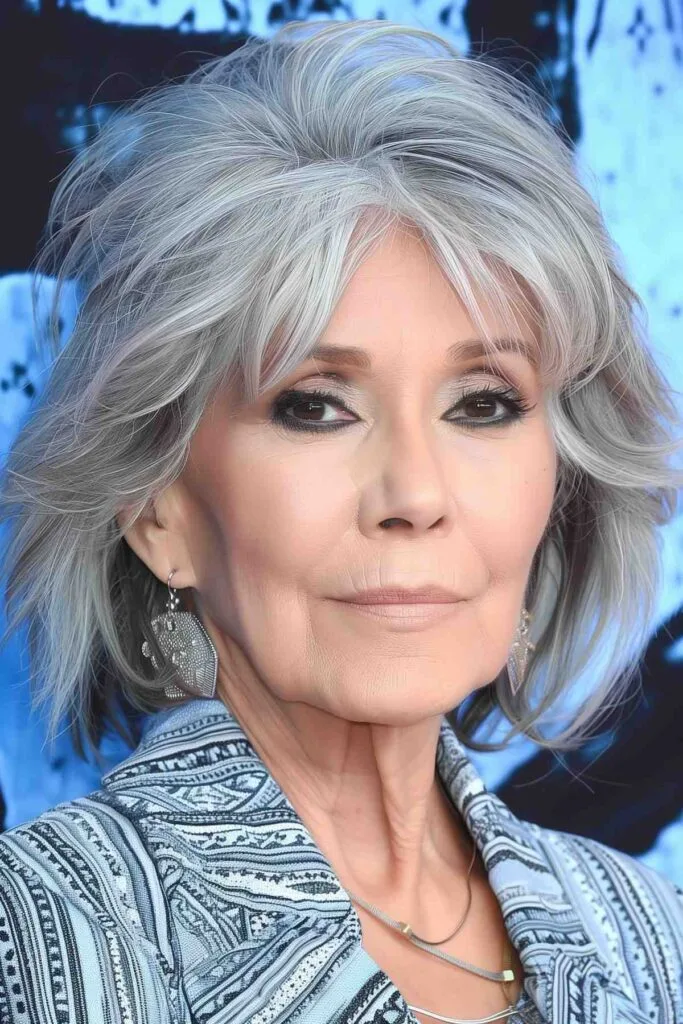 Mature woman with a textured bob and light feathered bangs, highlighting a soft and effortless style.
