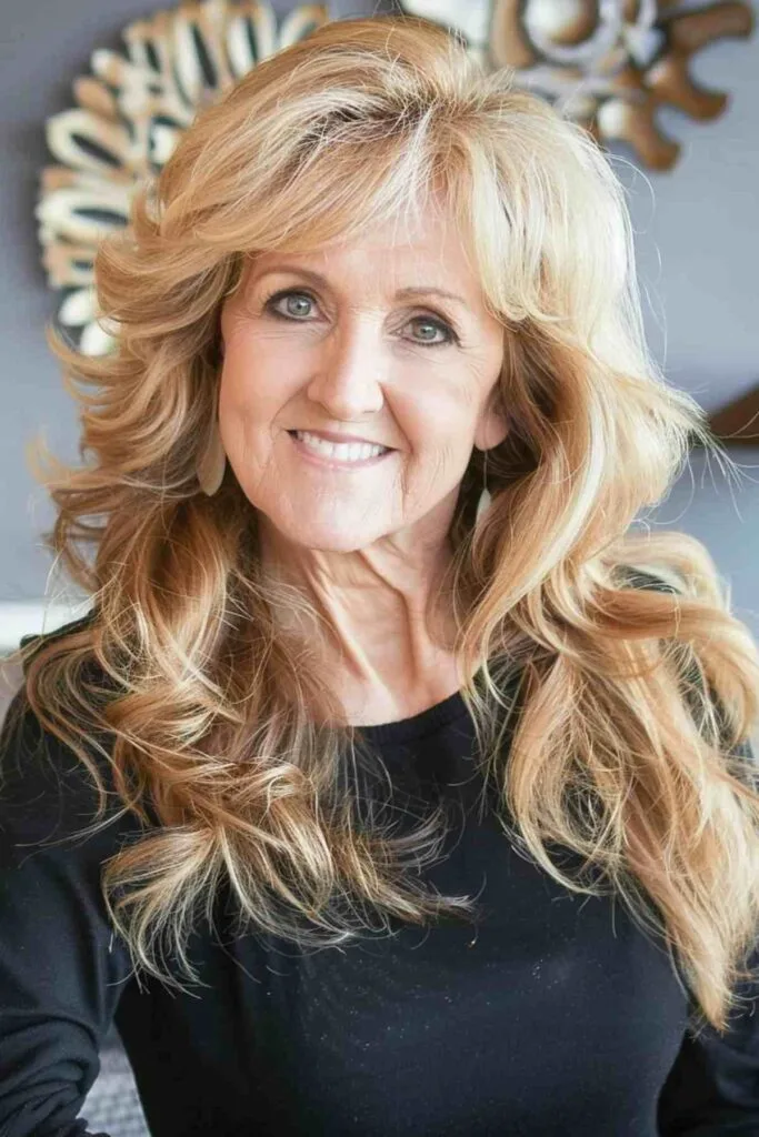 Mature woman with long, voluminous layers and flirty bangs, radiating a youthful and energetic vibe.