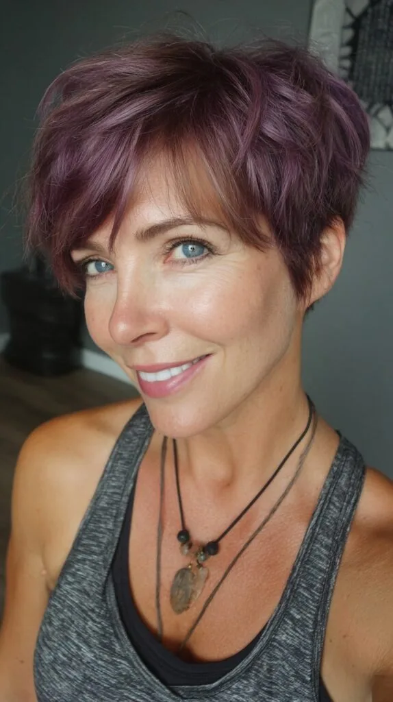 Mauve-Plum Textured Pixie with Subtle Warm Root Ribbon