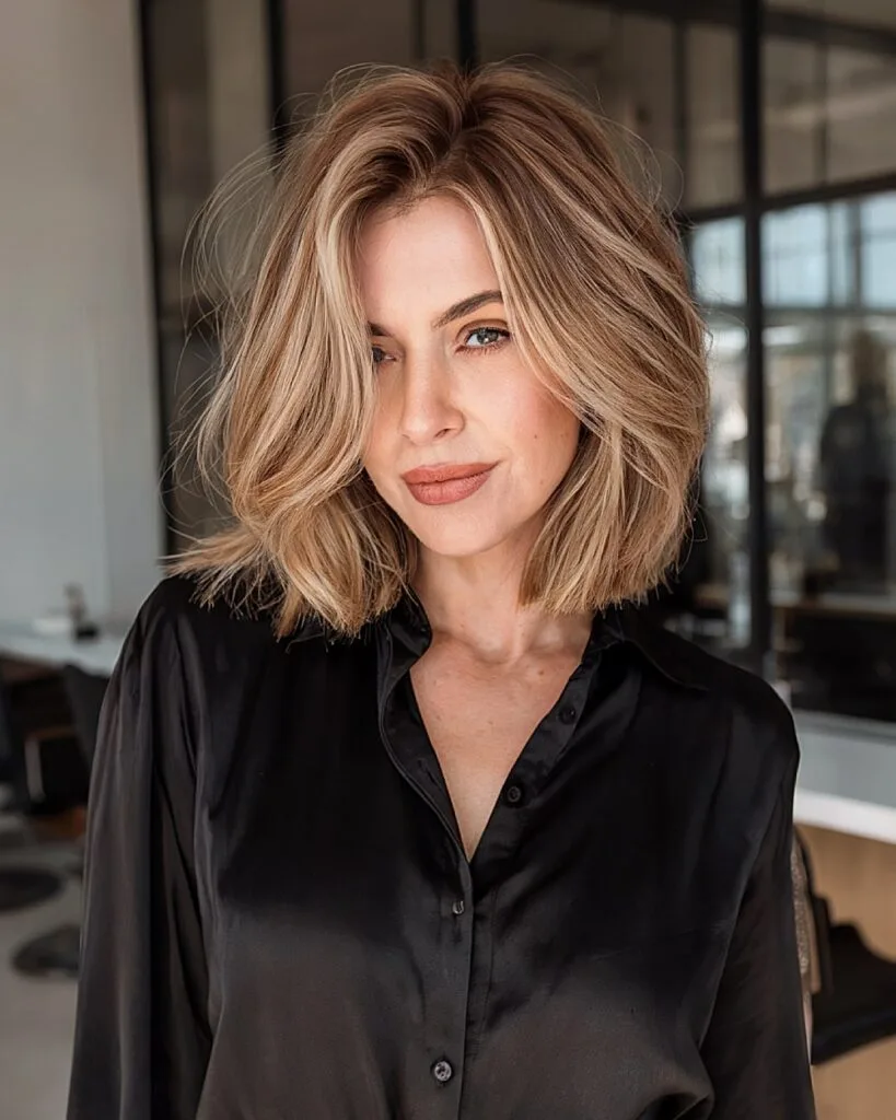 Medium layered bob with side part and dimensional blonde color for women over 40