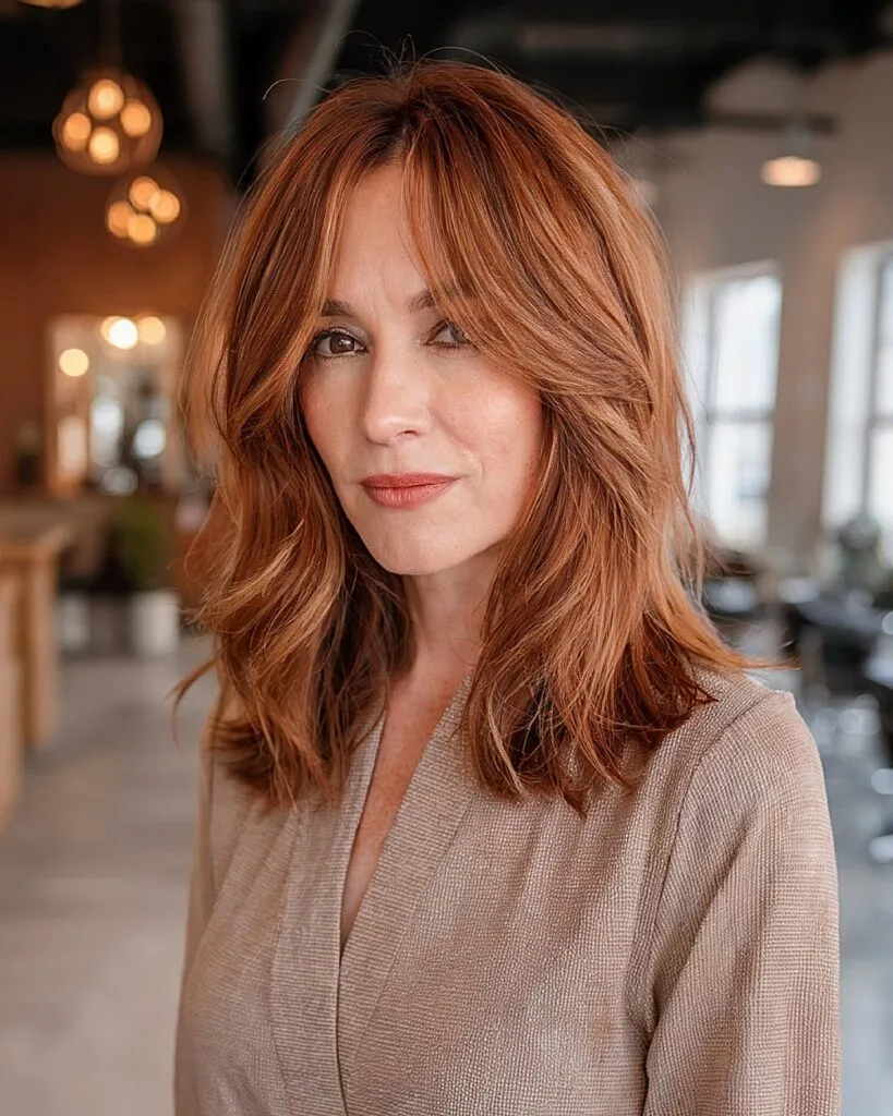 Medium layered haircut with curtain bangs and rich copper color for women over 40