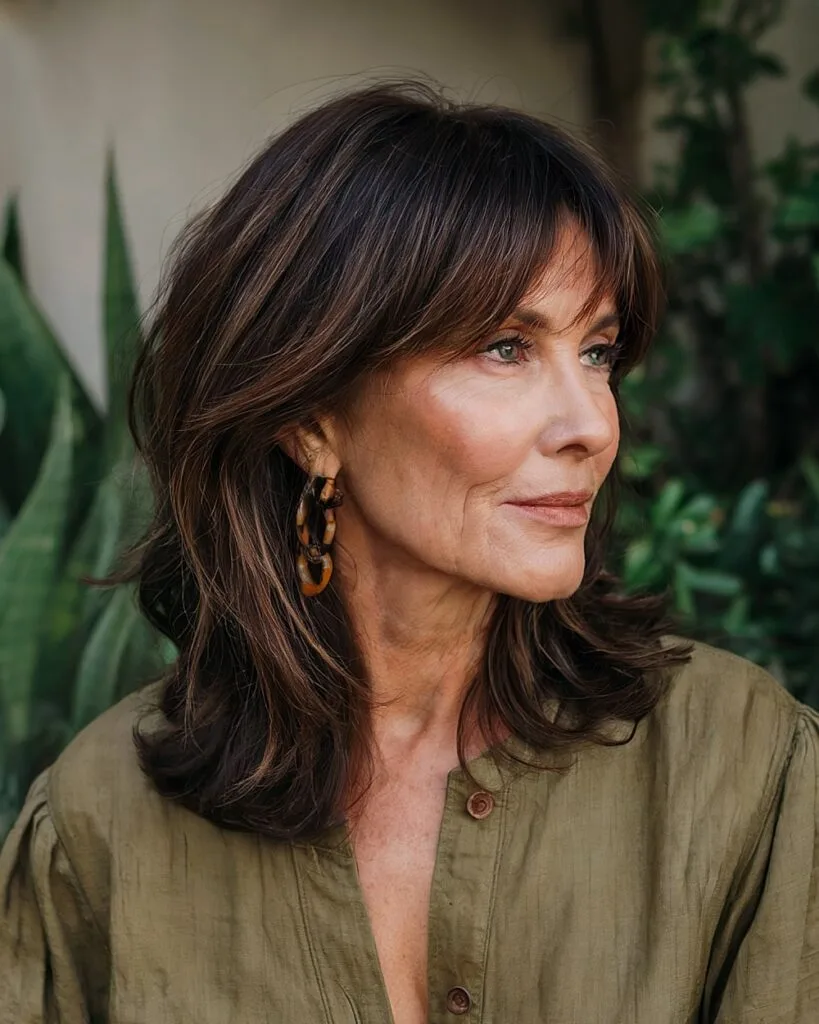 Medium layered haircut with feathered curtain bangs for older women with fine hair