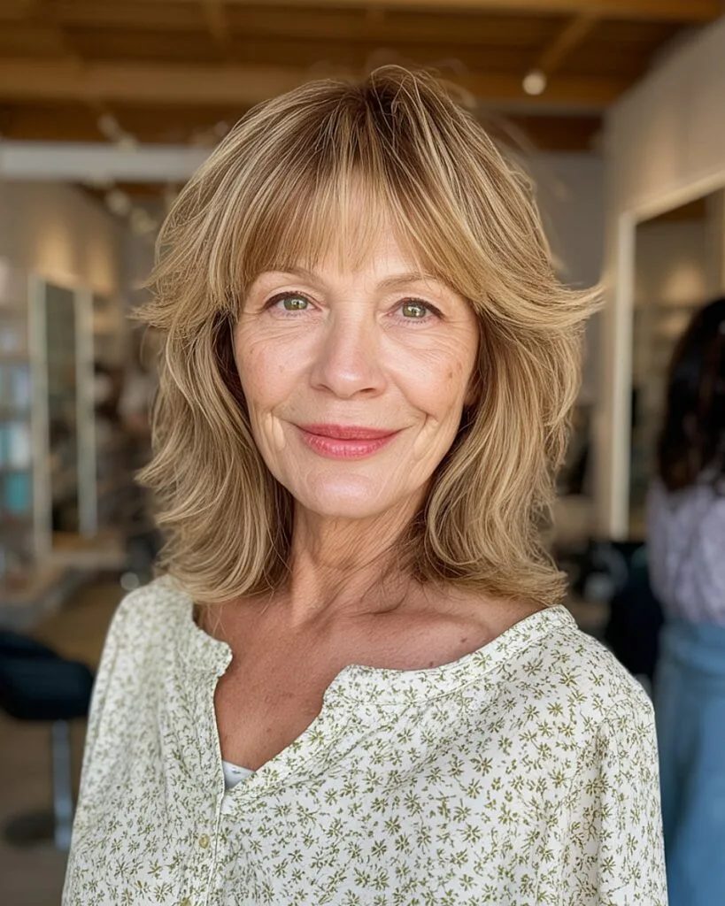 Medium-length honey shag haircut with flipped layers and curtain bangs for older women