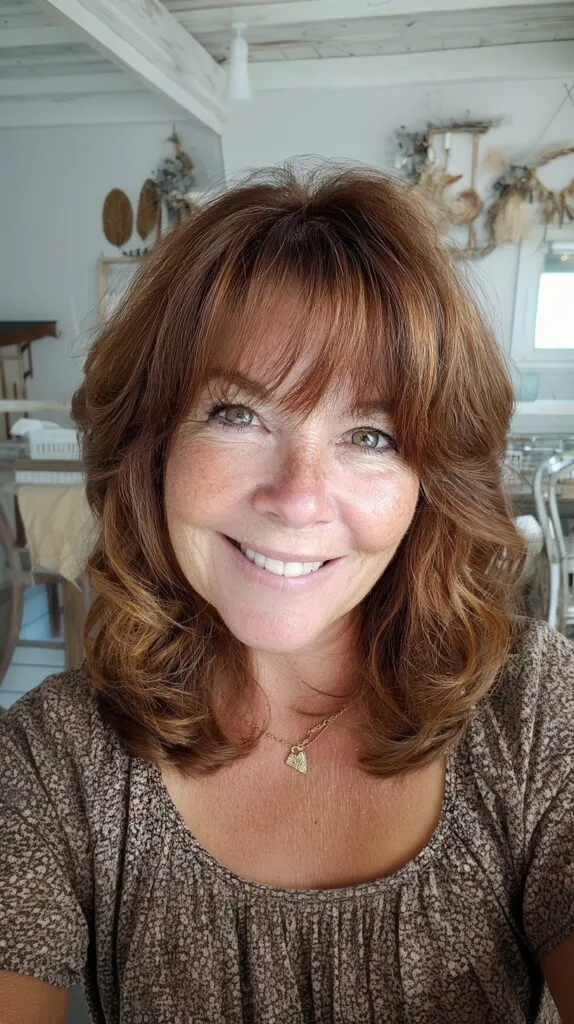 Medium-Length Layered Cut with Soft Fringe and Rounded Ends
