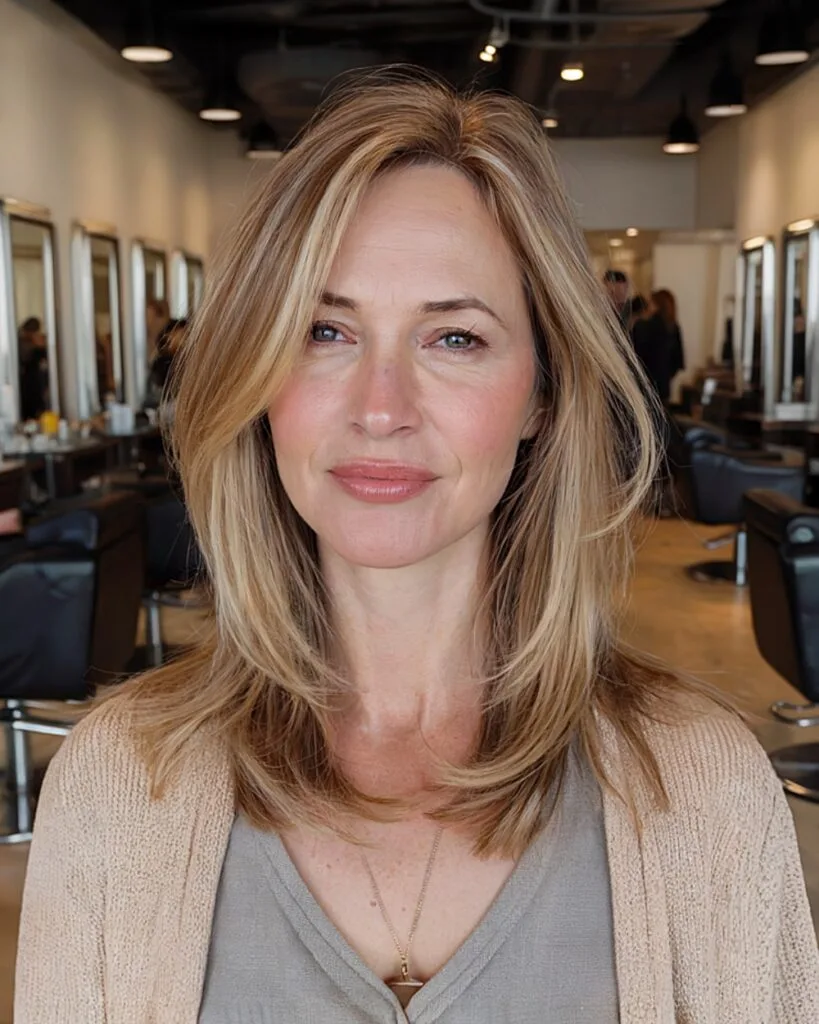 Medium-length layered haircut for fine hair with side-swept fringe and honey blonde tone