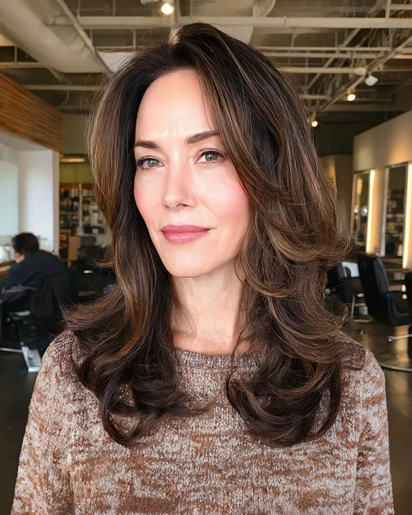Medium-length layered haircut with face-framing volume for long face shapes over 40