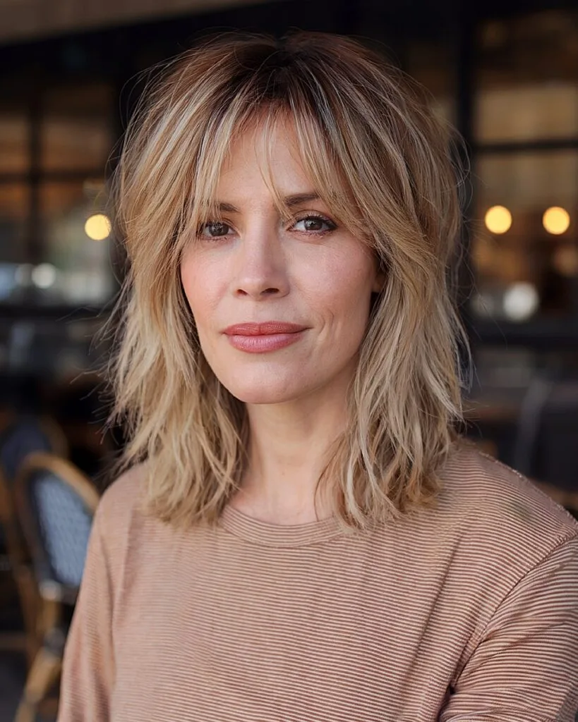 Medium-length shaggy layers for fine hair with soft bangs and warm blonde tones