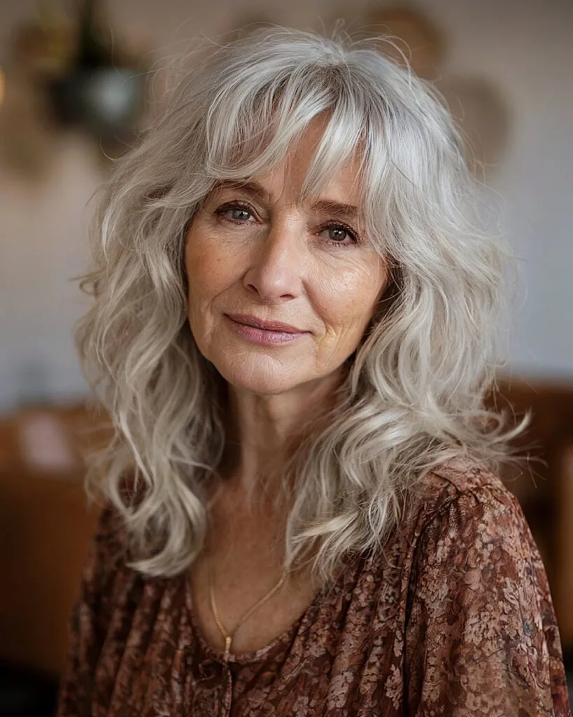 Medium-length silver shag haircut with wispy curtain bangs for women over 70