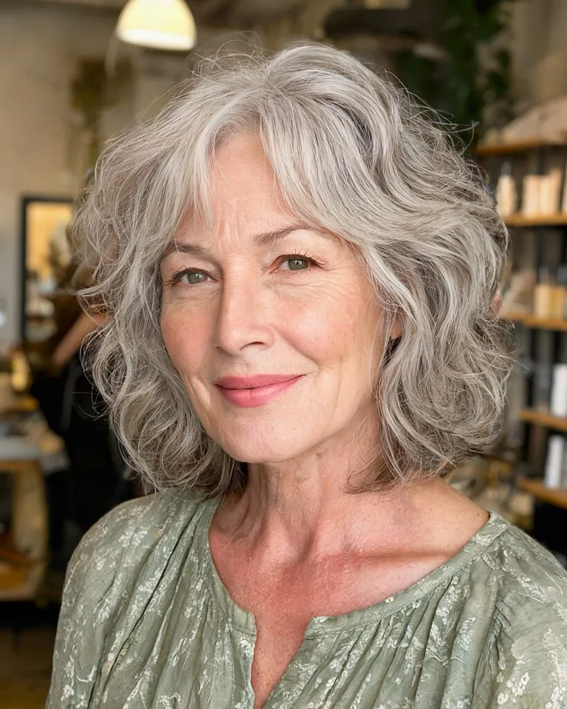 Medium shag haircut for older women with tousled waves and layered silver hair