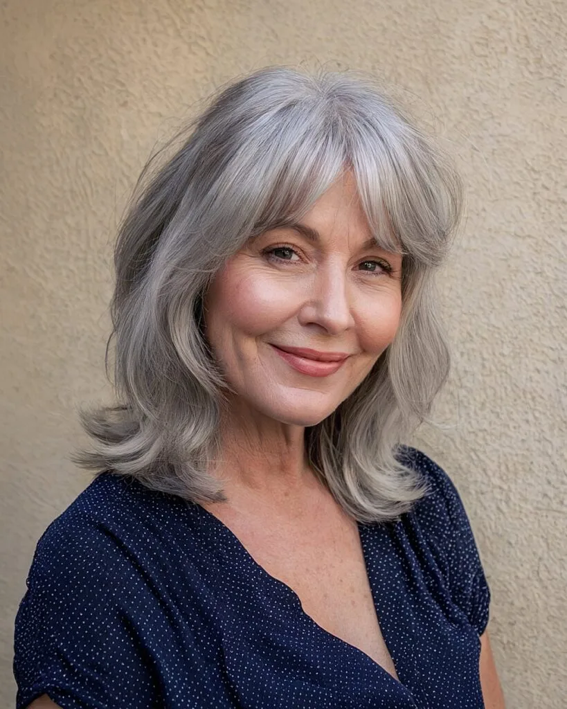 Medium shag haircut with feathered curtain bangs on silver-gray hair for older women