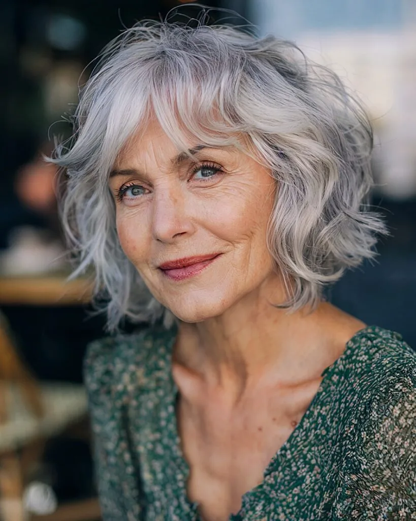 Messy chin-length shag with waves and layered fringe, tousled French bob for women over 40