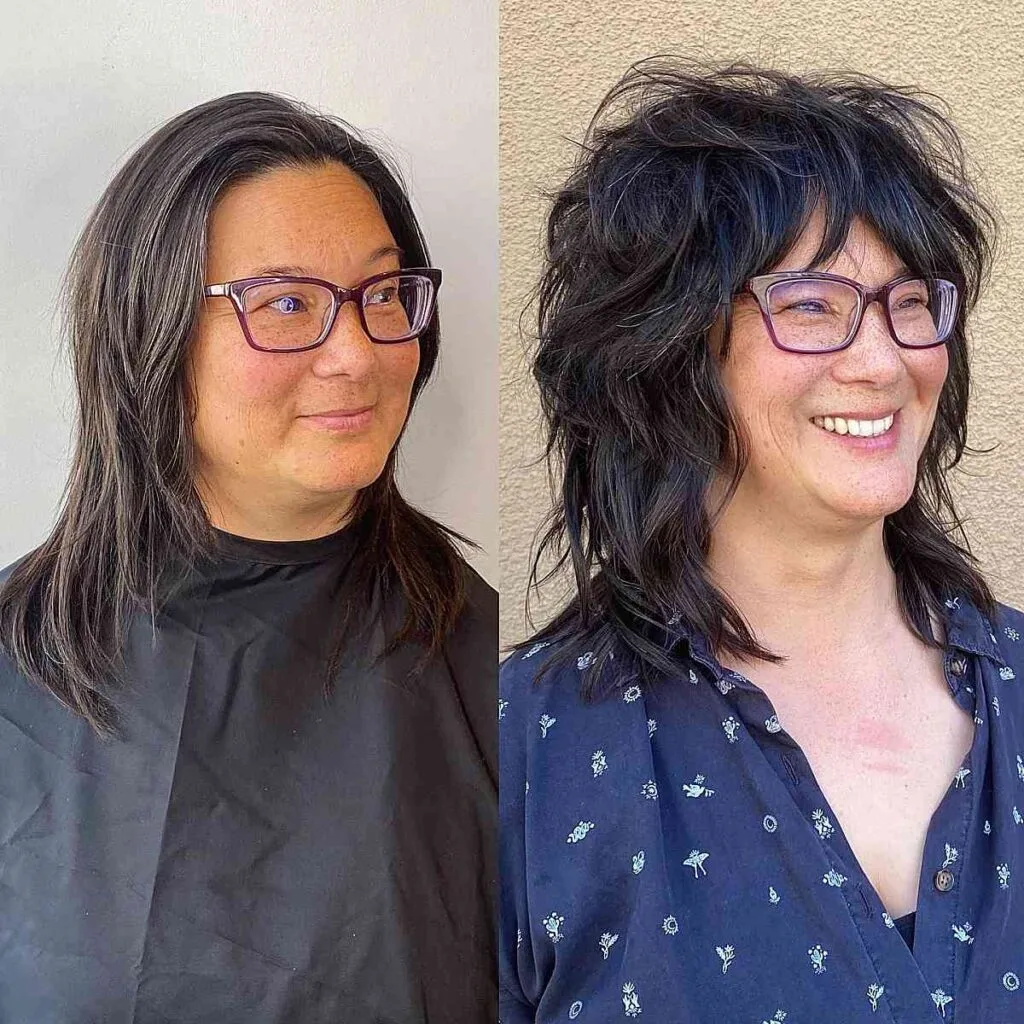 mid-length shag haircut suitable for older women wearing glasses