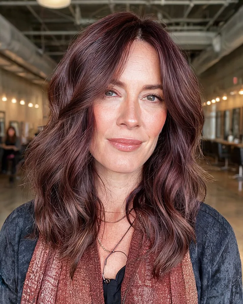 Mid-length wavy haircut for thick hair with face-framing layers and rich burgundy color