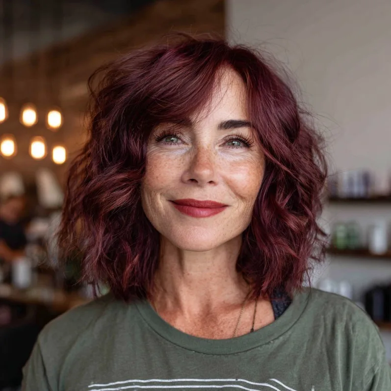 Modern Curly Lob with Rich Burgundy Tones
