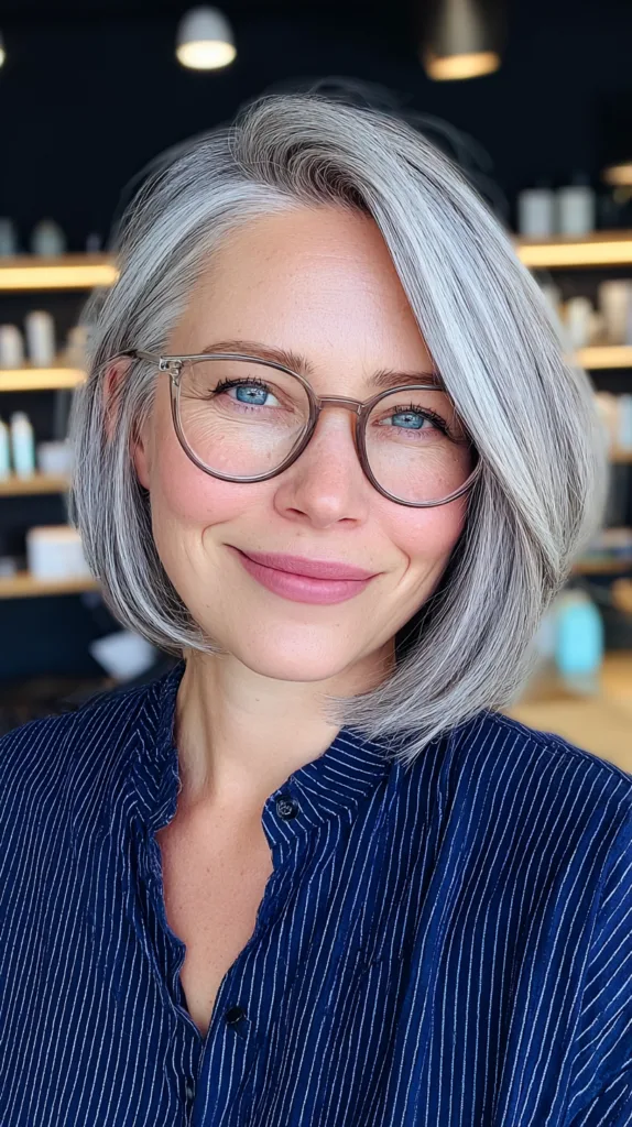 Modern Sleek Silver Bob with Soft Angled Layers