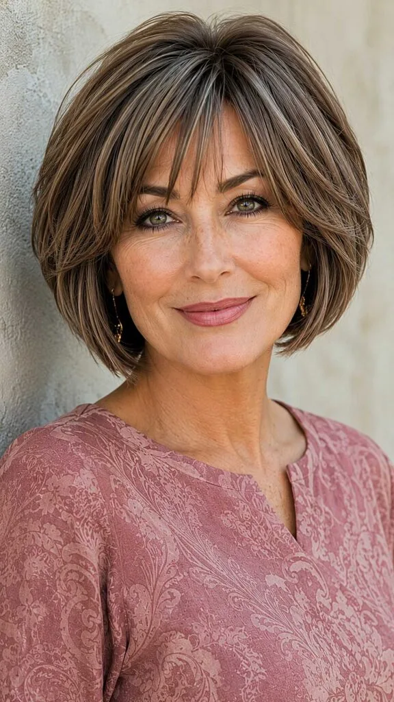 Mushroom brunette feathered bob with curtain fringe