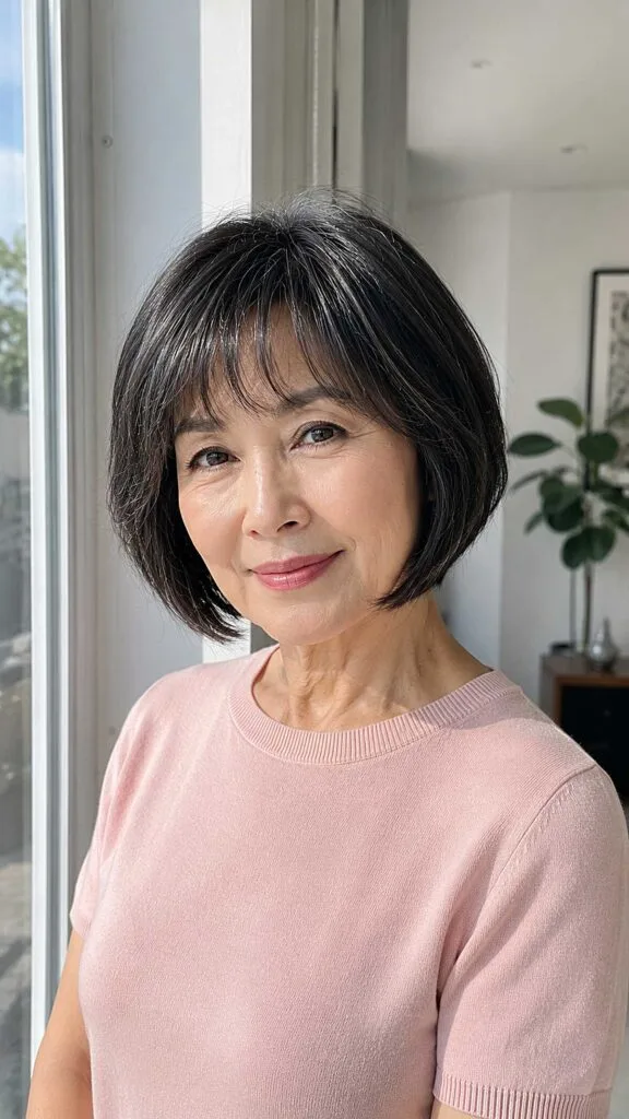 Natural Black Bob with Feathered Bangs and Gray Threading