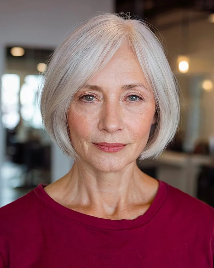 Neat silver bob for women over 60 with a center part and subtle layering.