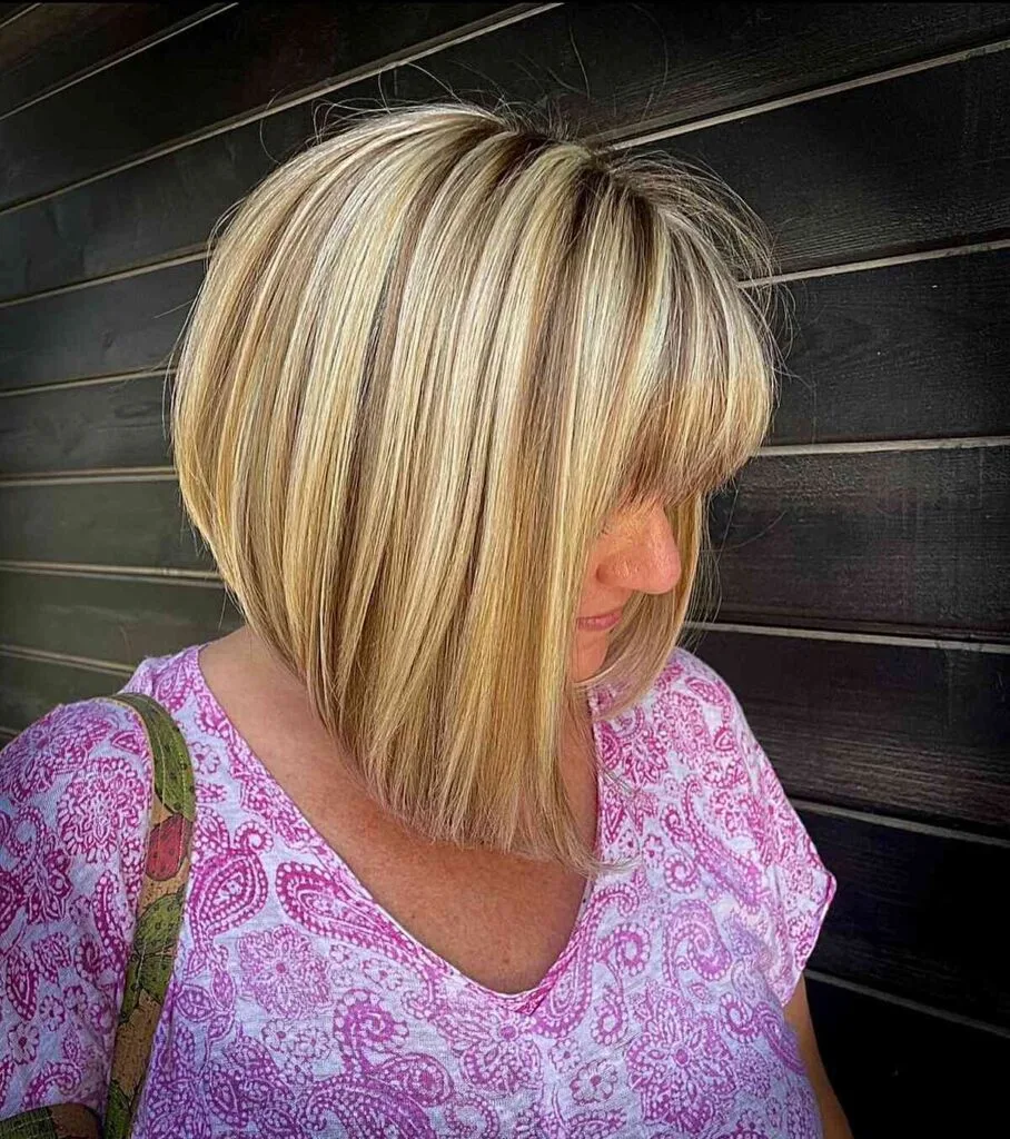 Neck-Length A-Line Blonde Hair with Dark Roots and Bangs for Mature Ladies Over 50