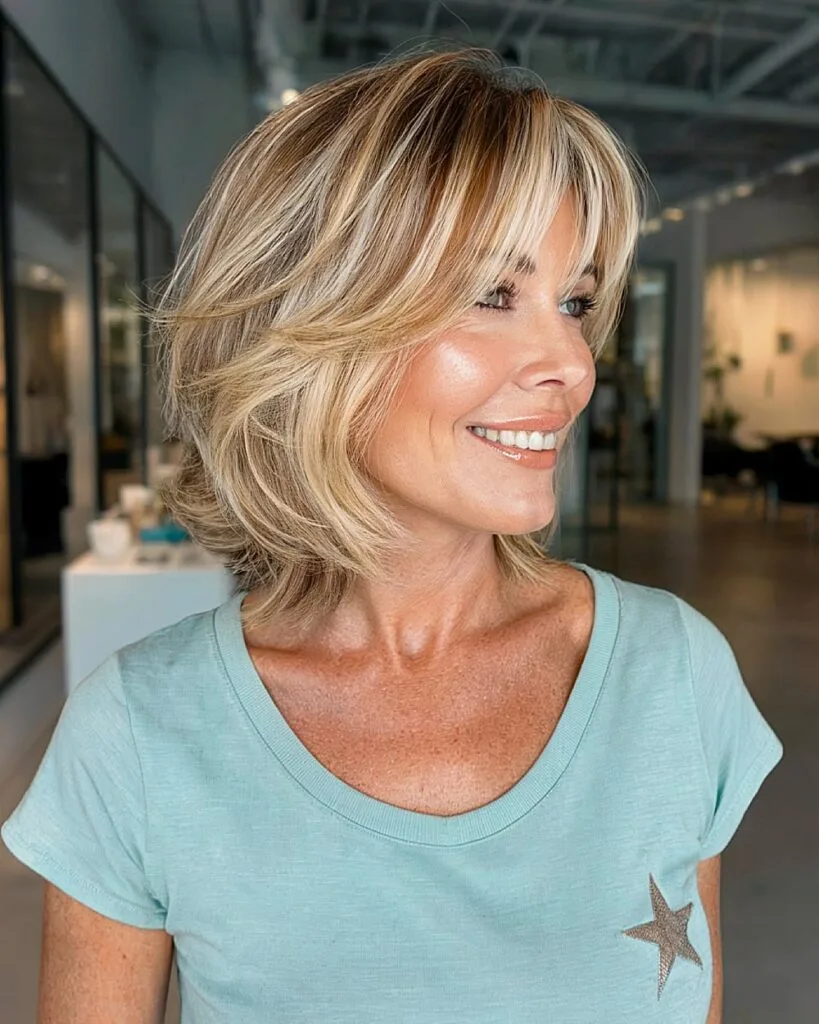 Neck-length layered bob with swoop bangs for women over 40, ideal for thick or coarse hair