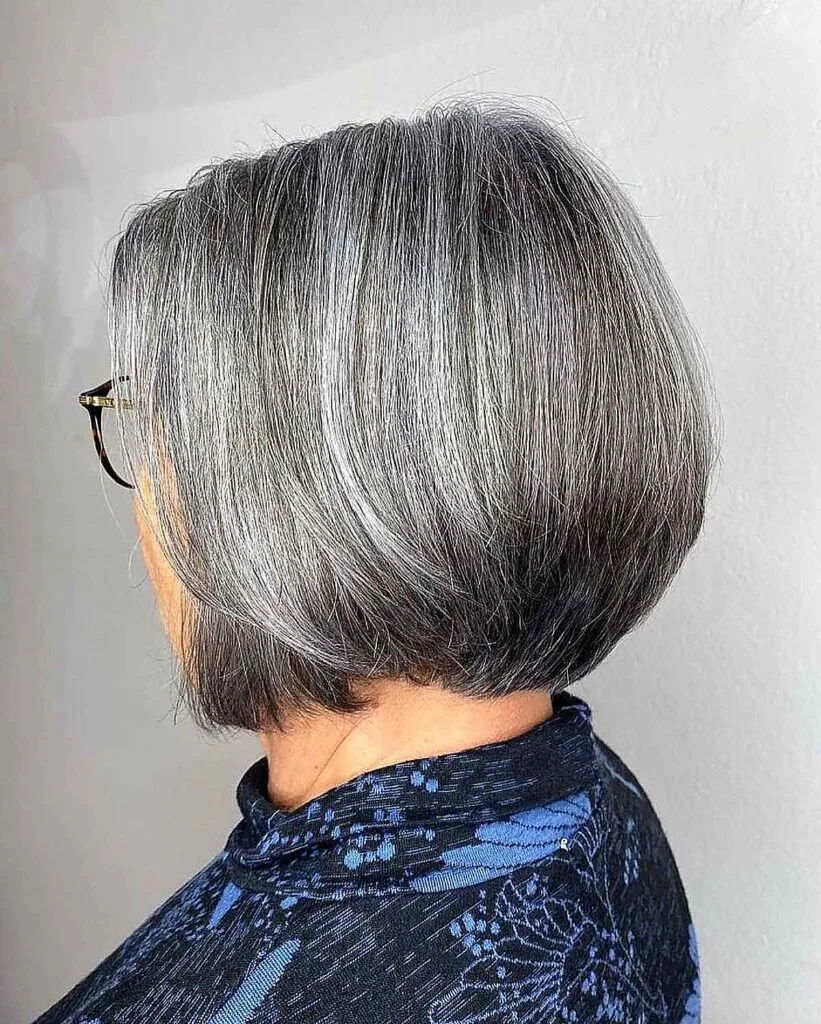 Neck-Length Stacked Bob on women over 60 with Salt-and-Pepper Tresses