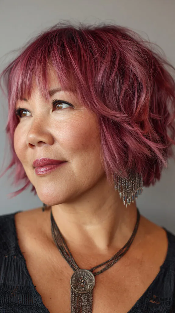Piecey Rose-Mauve Chin-Length Textured Bob