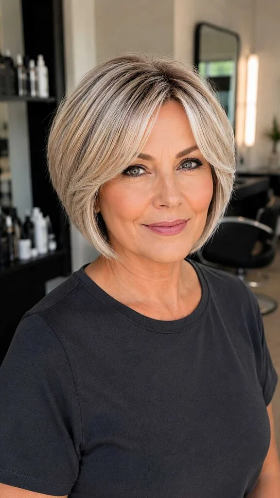 Platinum blonde bob with dark roots and side bangs