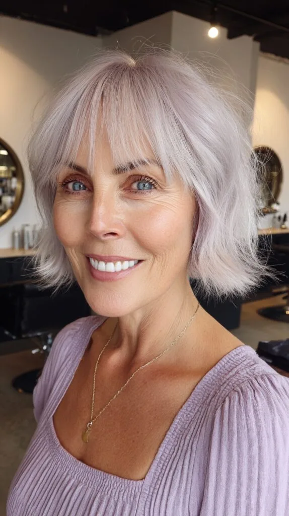 Platinum-Lilac Textured Chin-Length Bob with Micro Curtain Bangs